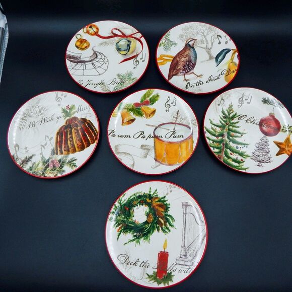 Williams Sonoma Christmas Carols Salad Luncheon Plates 8-3/4 Inch Set Six 2011 - Picture 1 of 10